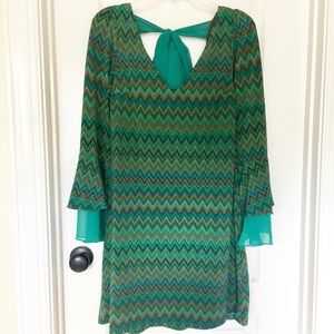 Judith March bell sleeve v neck dress, bow in back